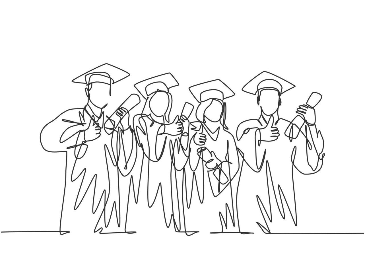 One line drawing group of graduate male and female college student wearing gown uniform and hold diploma certificate paper. Education concept continuous line draw design graphic vector illustration