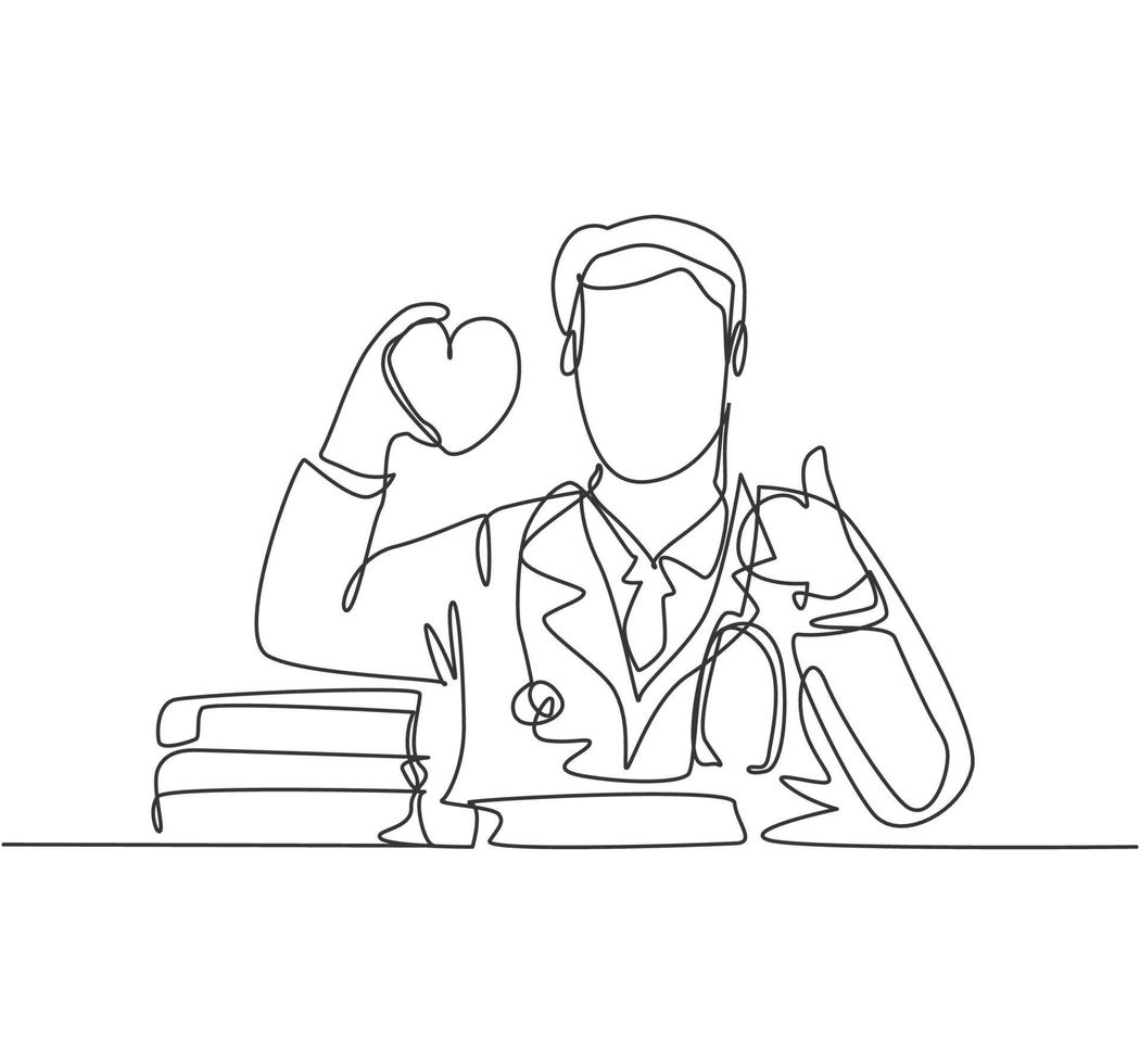 un dibujo de línea del joven médico varón feliz sosteniendo la réplica del  corazón en su