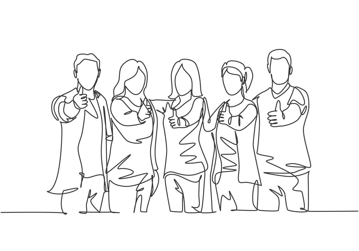 Single line drawing group of young happy businessmen and businesswomen standing up and giving thumbs up gesture together. Business meeting concept. Continuous line draw design vector illustration