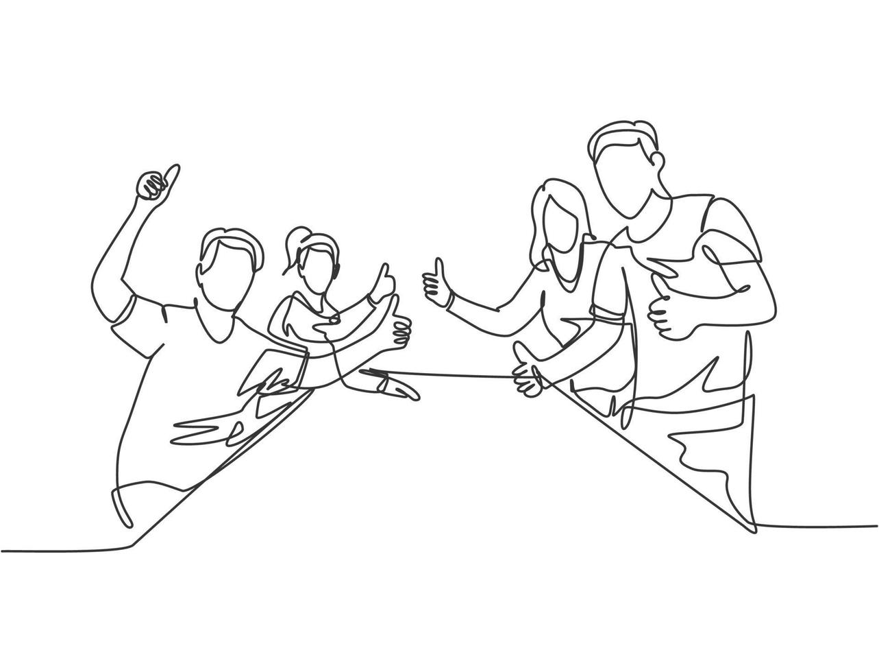 Single line drawing group of young happy businessmen and businesswomen giving thumbs up gesture together. Business meeting concept. Continuous line graphic draw design vector illustration