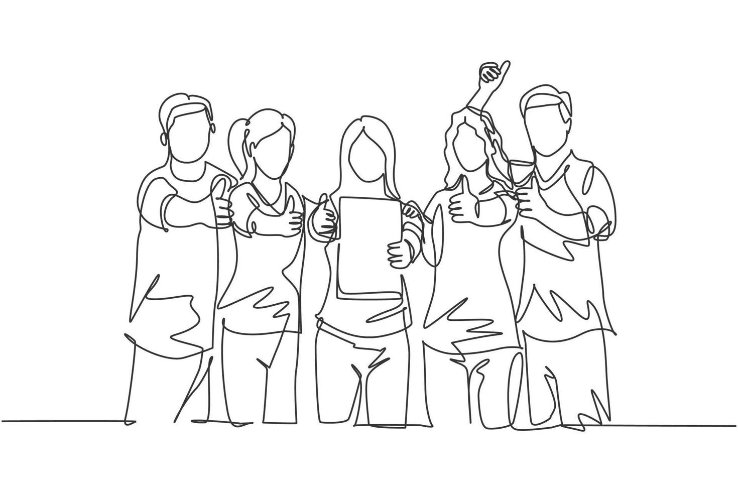 Single line drawing group of young happy entrepreneur show the award certificate and giving thumbs up gesture together. Business achievement concept. Continuous line draw design vector illustration