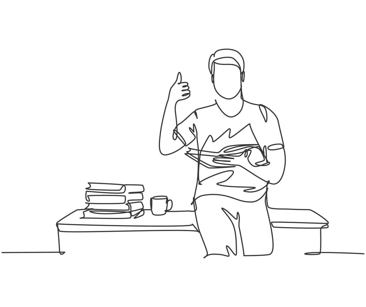 Single line drawing of young happy male college student sitting on the desk beside stack of books on library university. Education concept. Continuous line draw design vector illustration