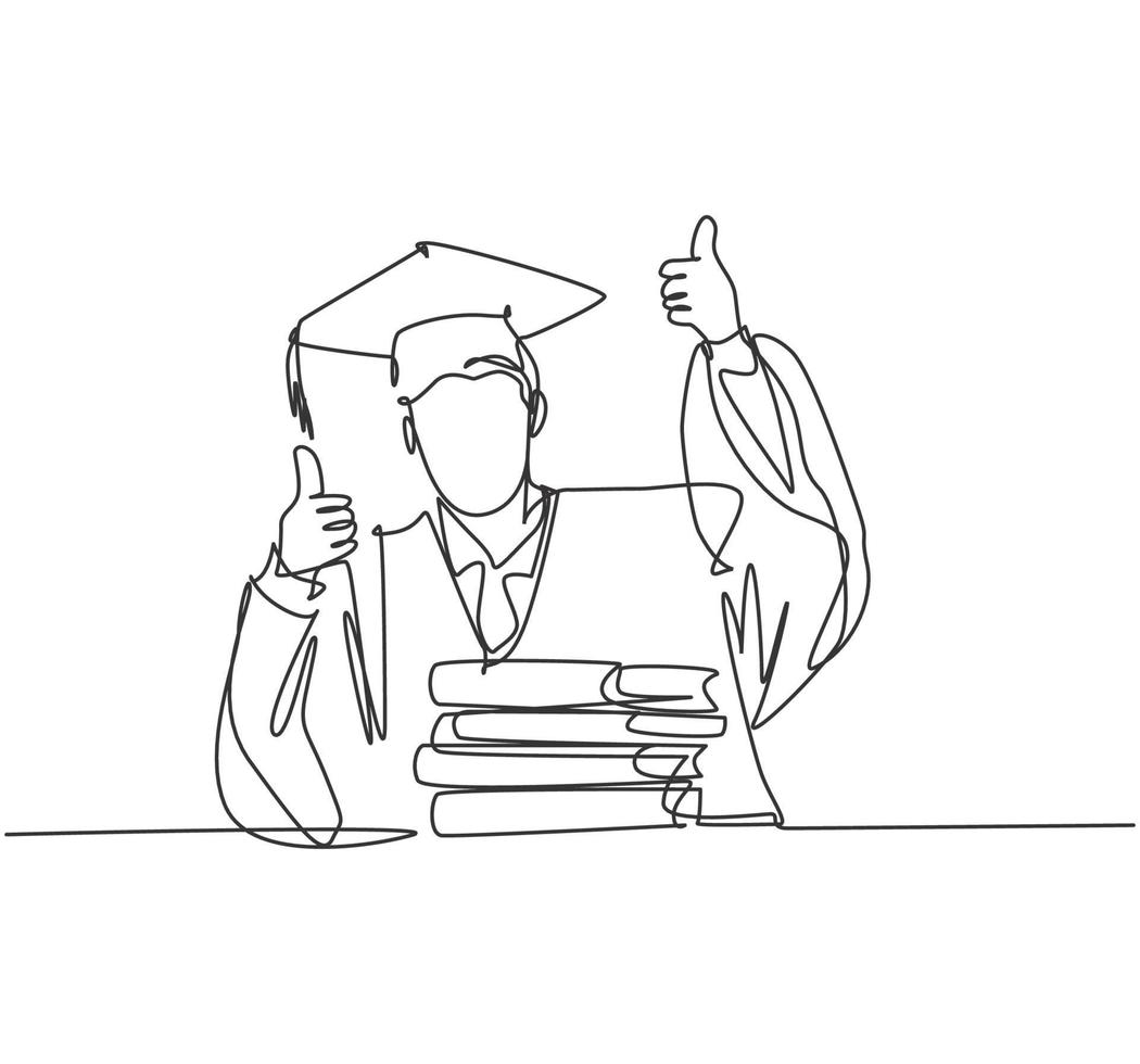 One line drawing of young happy graduate male college student wearing graduation uniform and giving thumbs up gesture in front of books stack. Education concept continuous line draw design vector