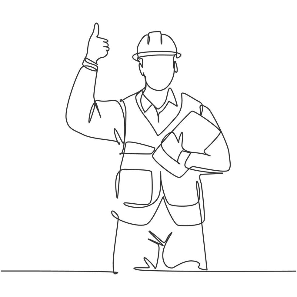 Single line drawing of young construction worker foreman carrying clipboard and giving thumbs up gesture. Building constructor concept. Continuous line draw design vector illustration