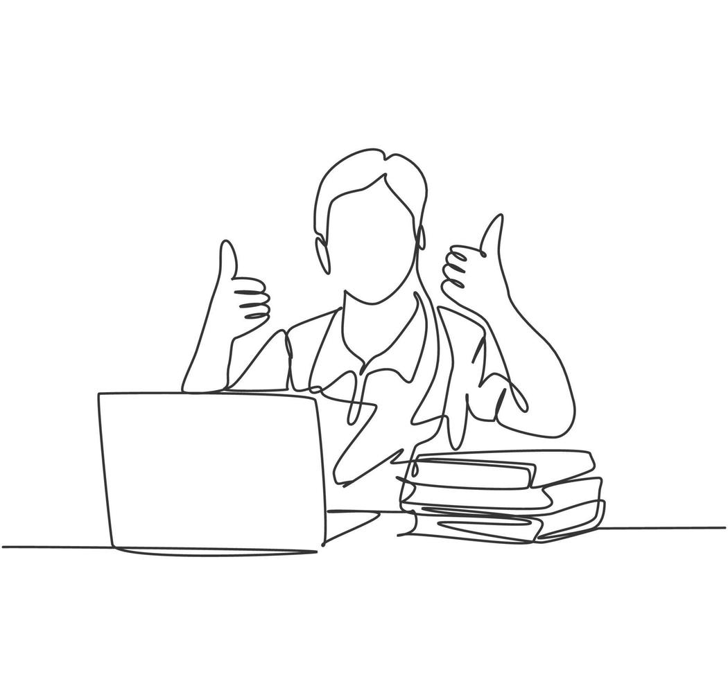 Single line drawing of young happy male college student study in the campus library beside stack of books and laptop. Education concept. Continuous line draw design vector illustration