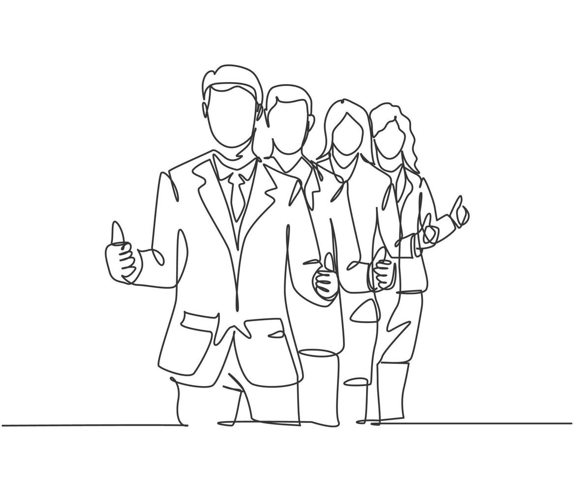 Single line drawing group of line up young happy businessmen standing up together and giving thumbs up gesture. Business teamwork concept. Continuous line draw design vector illustration