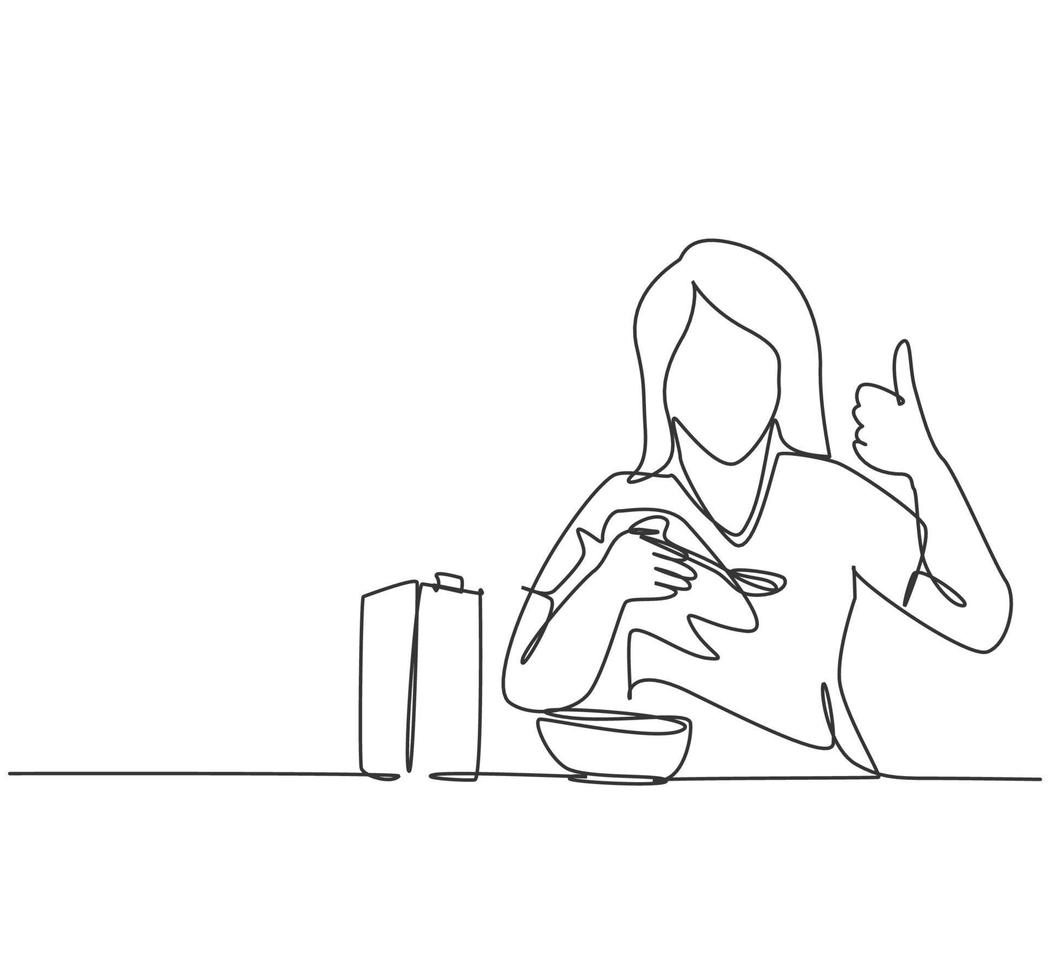 One line drawing of young happy woman eating breakfast with cereal and milk and giving thumbs up. Healthy nutrition food concept. Continuous line draw design vector graphic illustration