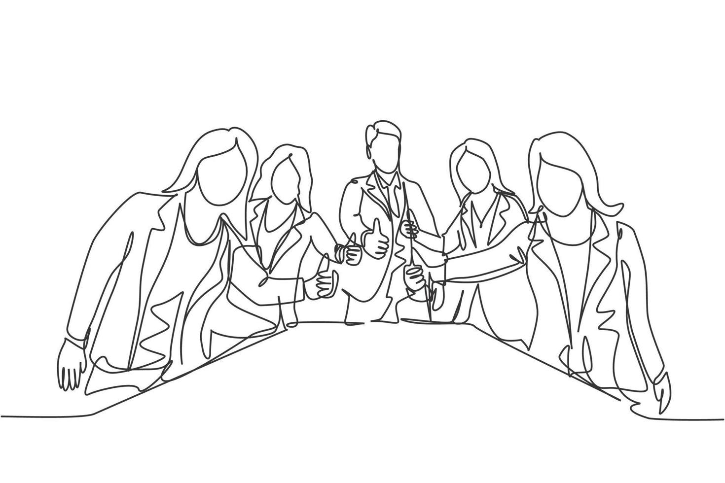 Single line drawing group of young happy businessmen and businesswoman standing up together and giving thumbs up gesture. Business meeting concept. Continuous line draw design vector illustration