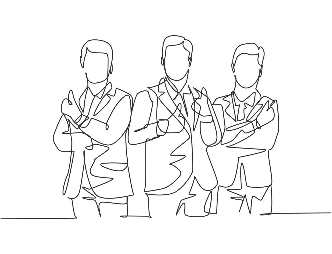 Single line drawing group of young happy businessmen standing together and giving thumbs up gesture. Business owner teamwork concept. Continuous line draw design vector illustration