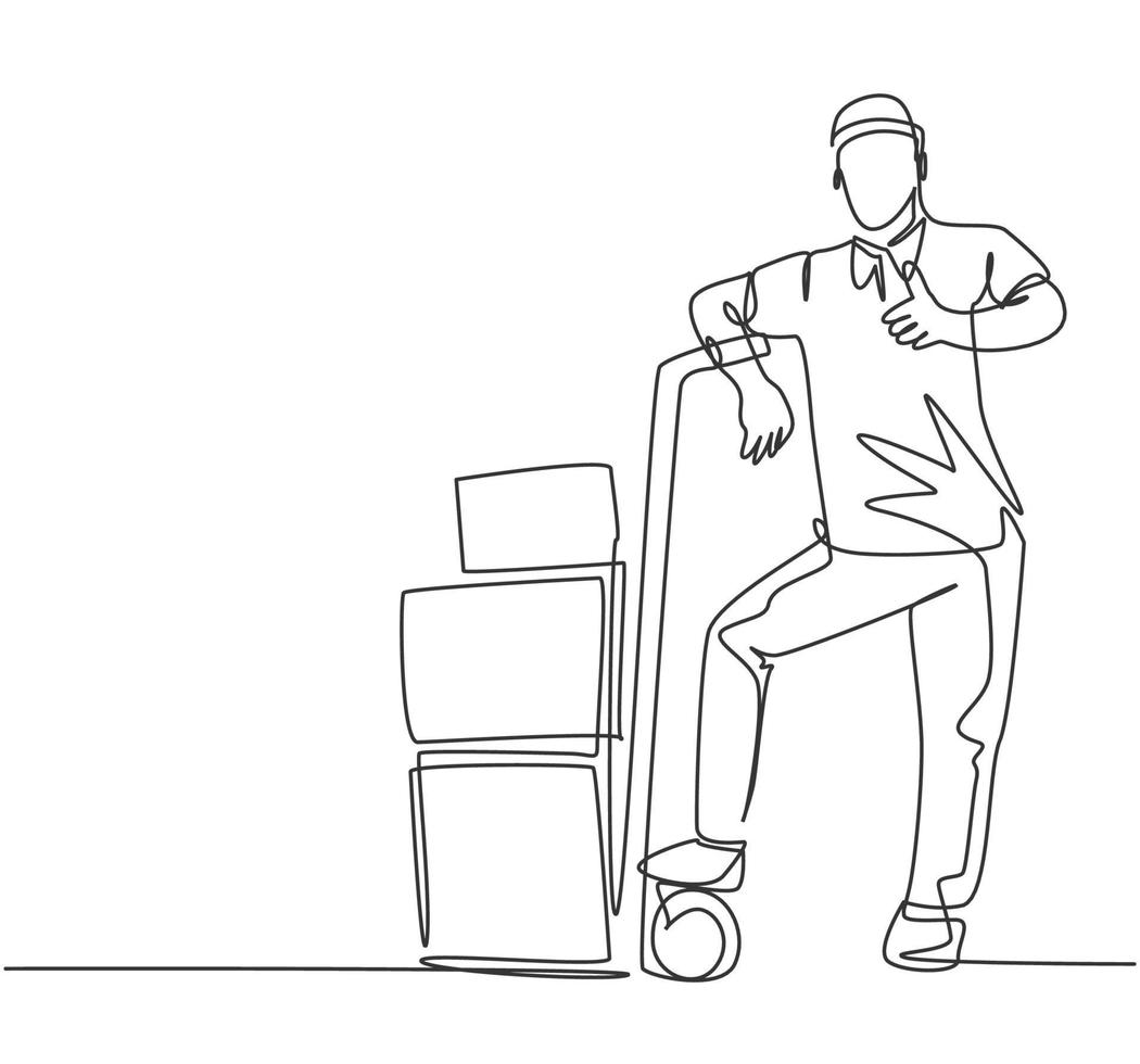 One line drawing of young delivery man gives thumbs up gesture while carrying carton box package with trolley to customer. Delivery service concept. Continuous line draw design vector illustration