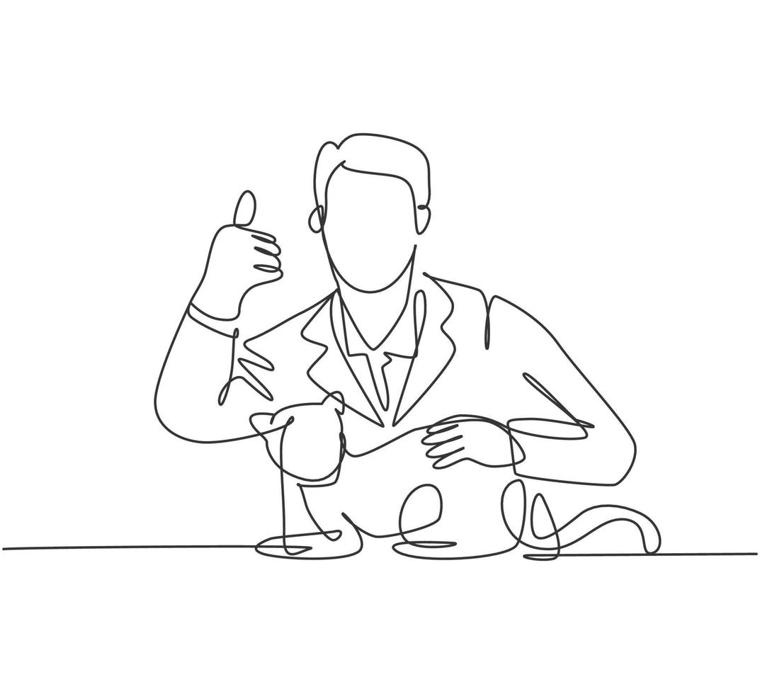 One line drawing of young happy veterinarian doctor pose thumbs up gesture after treating sick cat at clinic. Pet health care concept. Continuous line draw design vector illustration