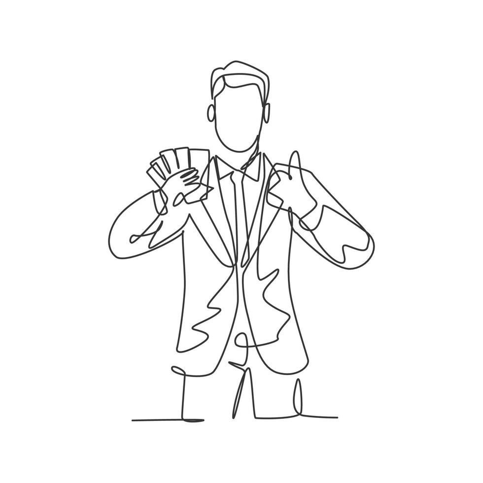 One line drawing of young happy successful businessman show money paper stack and gives thumbs up gesture. Business success concept. Continuous line draw design vector illustration