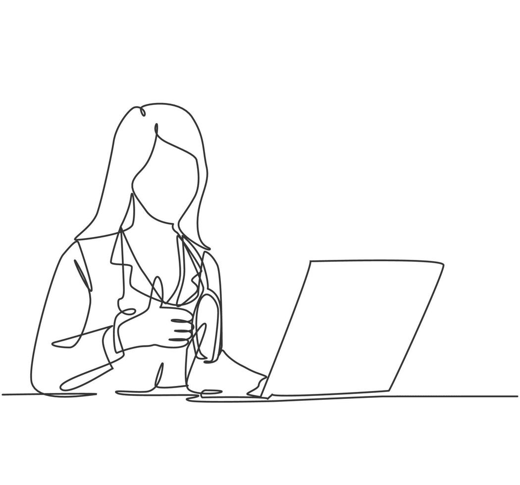 One line drawing of young happy doctor woman open a laptop to write medical record and gives thumbs up gesture. Healthcare service concept. Continuous line draw design vector illustration