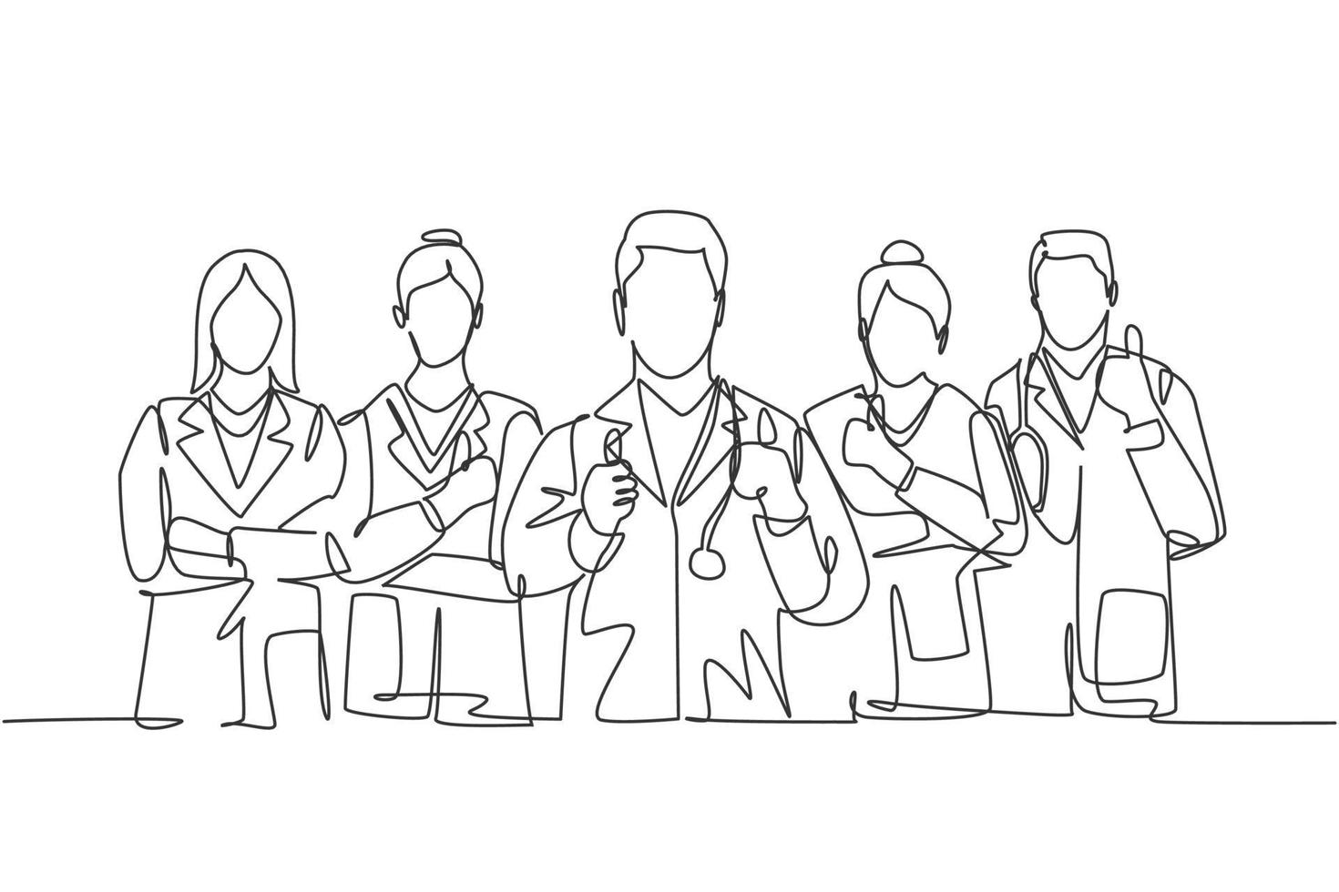 One line drawing of groups of young happy male and female doctors giving thumbs up gesture as service excellence symbol. Medical team work concept. Continuous line draw design vector illustration