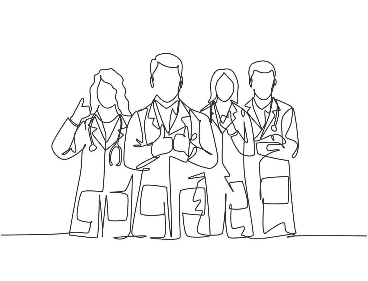 One line drawing of groups of young male and female doctors giving thumbs up gesture as service excellence symbol. Medical team work concept. Continuous line draw design vector illustration