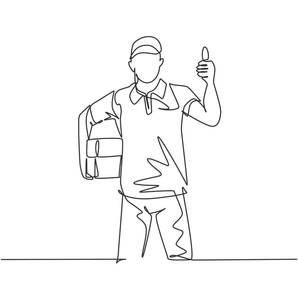 One line drawing of young happy delivery man gives thumbs up gesture while lift up and deliver carton box package to costumer. Delivery service concept. Continuous line draw design vector illustration