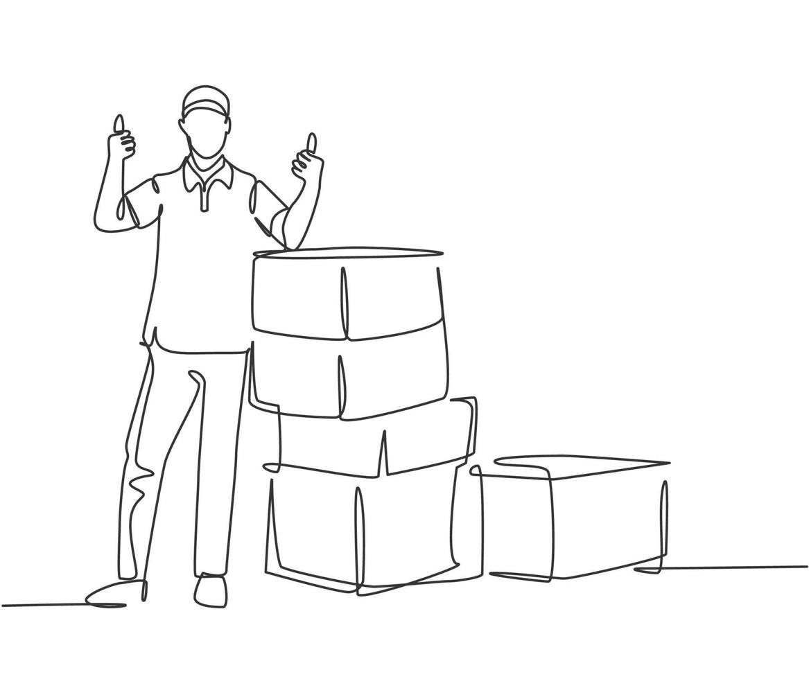 One line drawing of young happy delivery man thumbs up while lift up and deliver carton box packages to customer. Delivery service business concept. Continuous line draw design vector illustration