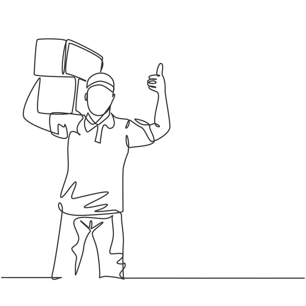 One line drawing of young happy delivery man gives thumbs up gesture while lift up carton box packages to customer. Delivery service business concept. Continuous line draw design vector illustration
