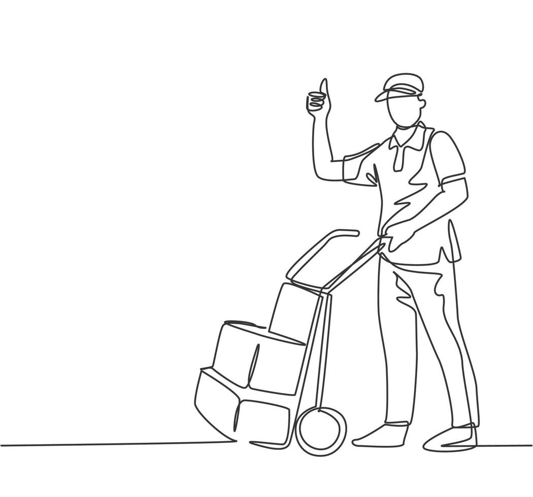 One line drawing of young delivery man gives thumbs up gesture while carrying carton box package with trolley to customer. Delivery service concept. Continuous line draw design vector illustration