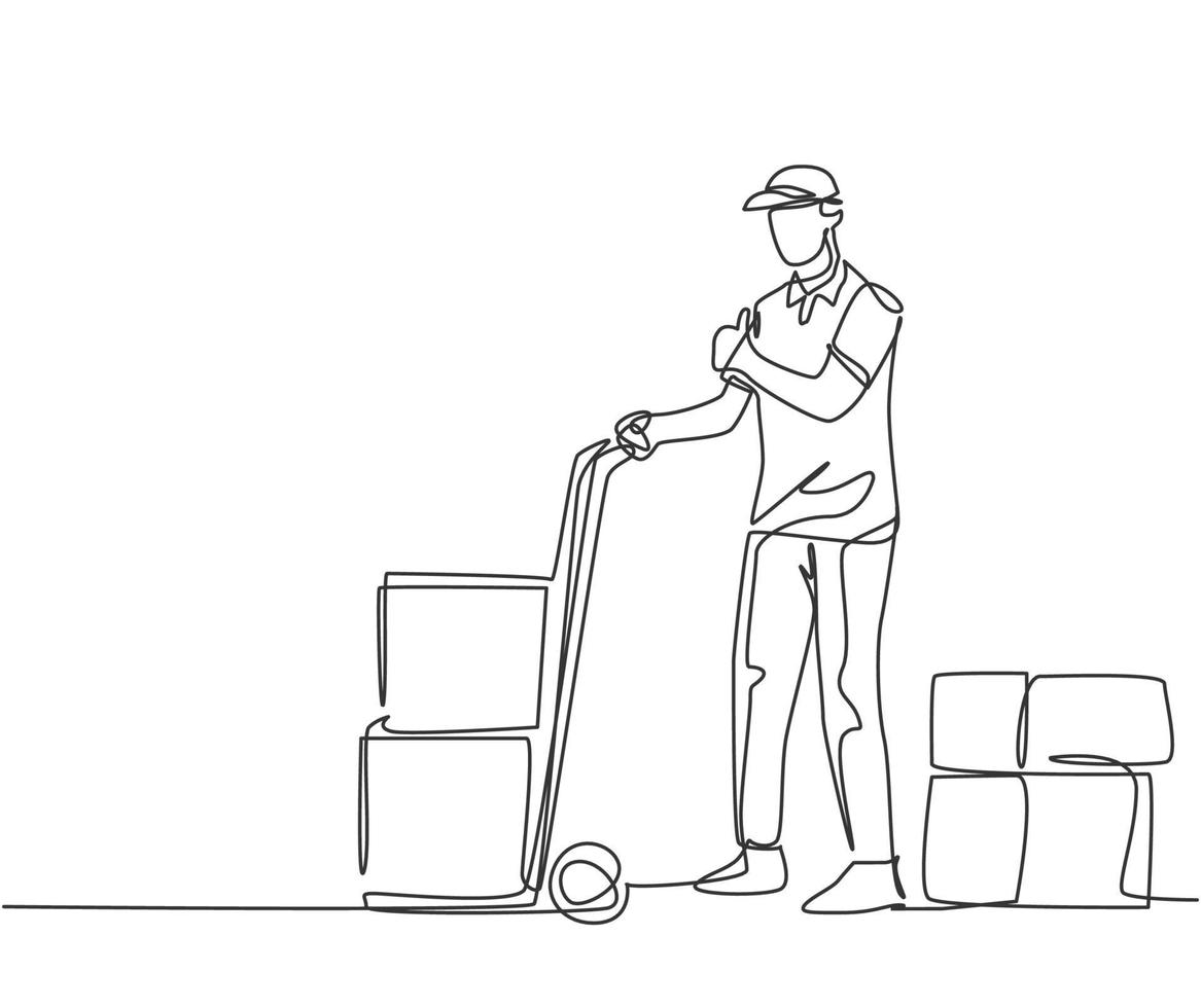 One line drawing of young delivery man gives thumbs up gesture while carrying carton box package with trolley to customer. Delivery service concept. Continuous line draw design vector illustration