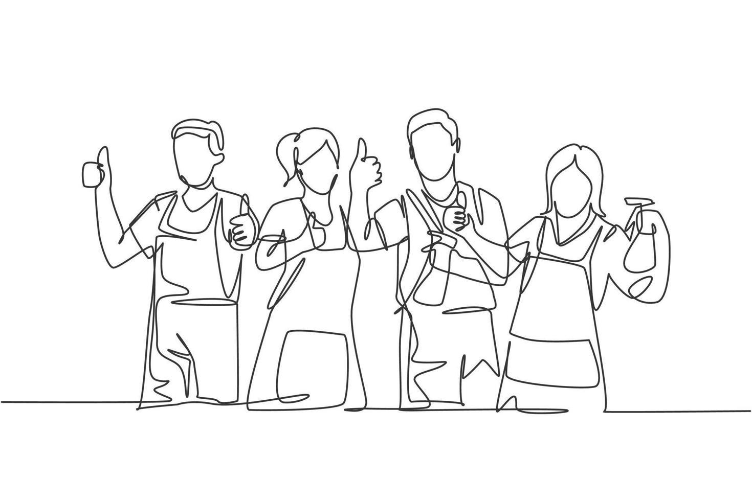 One line drawing of groups of group male and female janitor giving thumbs up gesture. Cleaning service teamwork concept. Continuous line draw design vector illustration