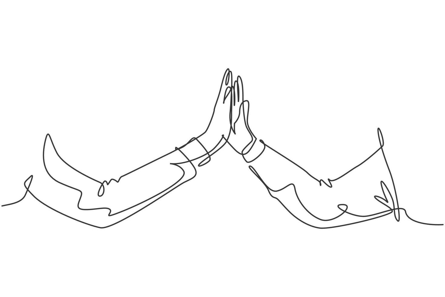 One line drawing of two men giving high fives gesture hands wearing office clothes to celebrate success. Business teamwork concept. Trendy continuous line draw graphic design illustration vector