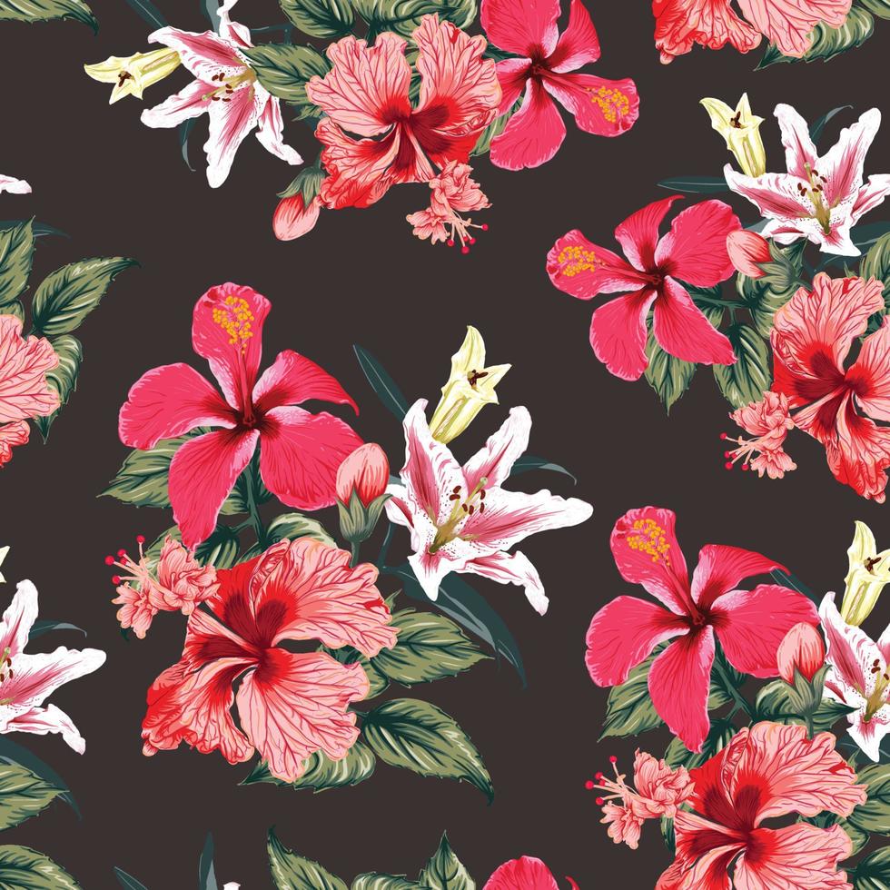 Seamless pattern tropical summer with red Hibiscus and Lily flowers abstract background. Vector illustration hand drawing dry watercolor style.