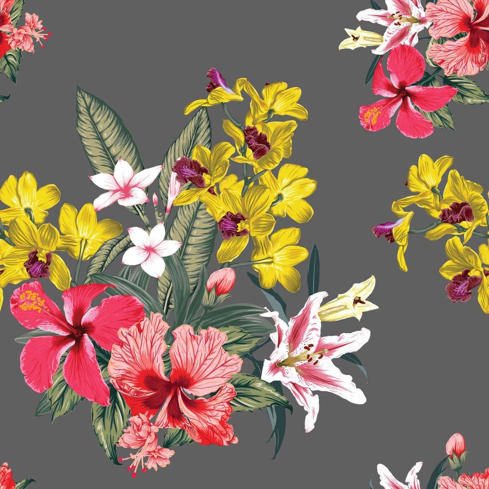 Seamless pattern floral with pink Hibiscus,Frangipani,Orchid and lily flowers abstract background.Vector illustration watercolor hand drawning. vector