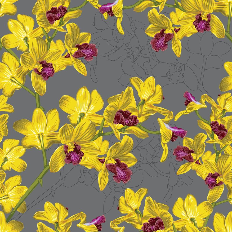 Seamless pattern floral with yellow Orchid flowers abstract backgground.Vector illustration drawing.For used wallpaper design,textile fabric or Product packaging. vector