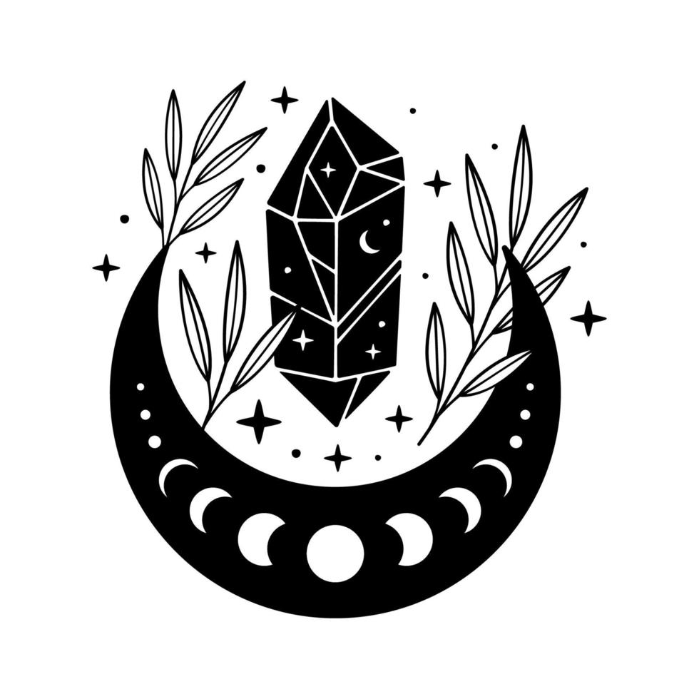 cristal negro mágico con luna y hojas. Ilustración celestial creativa. vector