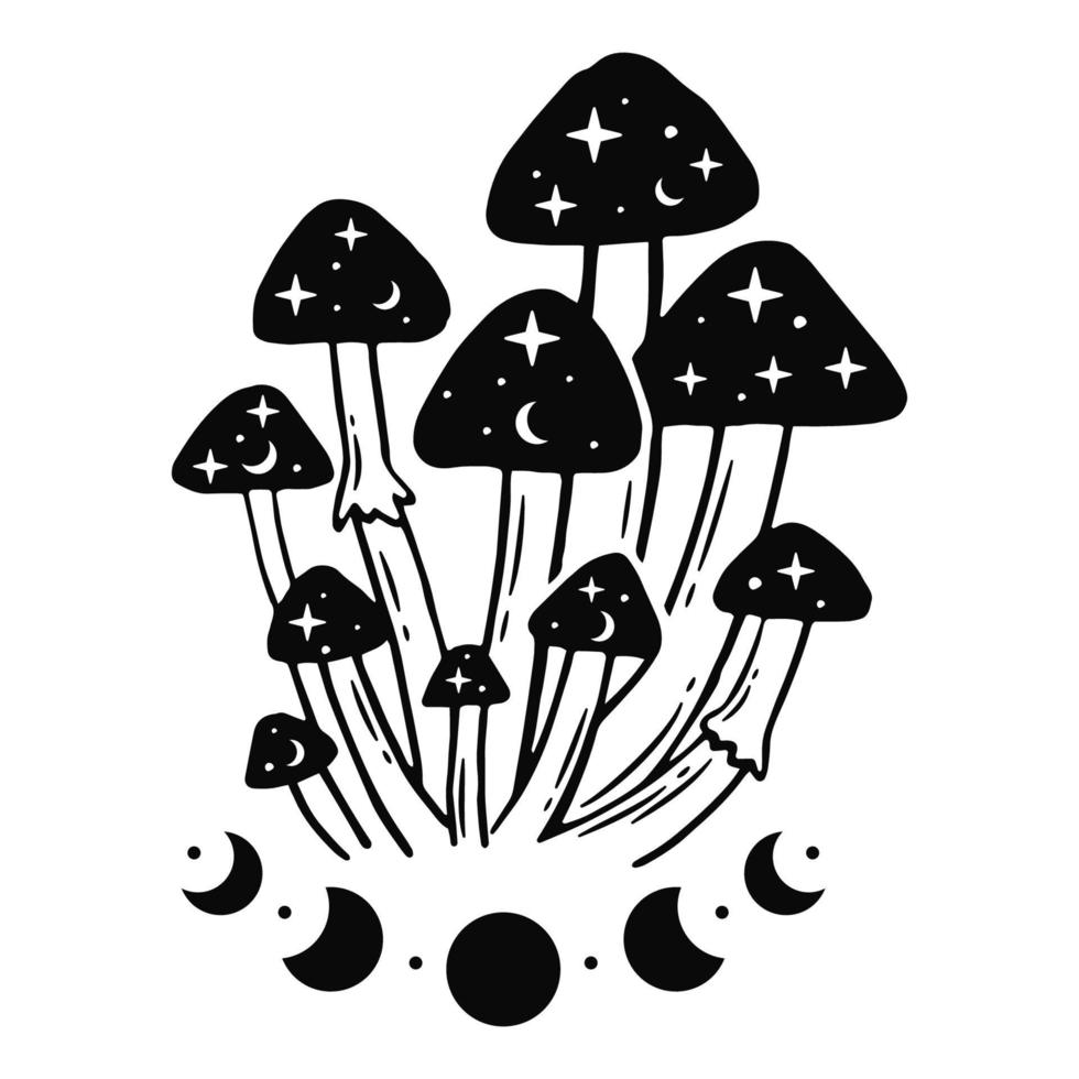ilustraciones en blanco y negro con setas mágicas y fases lunares. vector