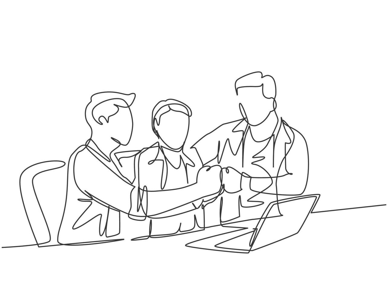 One continuous line drawing of multi level marketing or MLM upliner doing presentation with laptop to prospect downliner candidate. MLM business concept single line draw design vector illustration