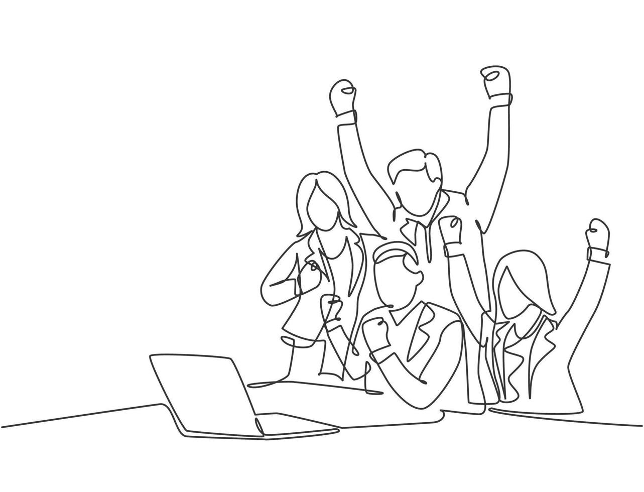 One continuous line drawing of young happy male start up CEO and his subordinates celebrating their success achieve the business target. Team work goal concept single line draw design illustration vector