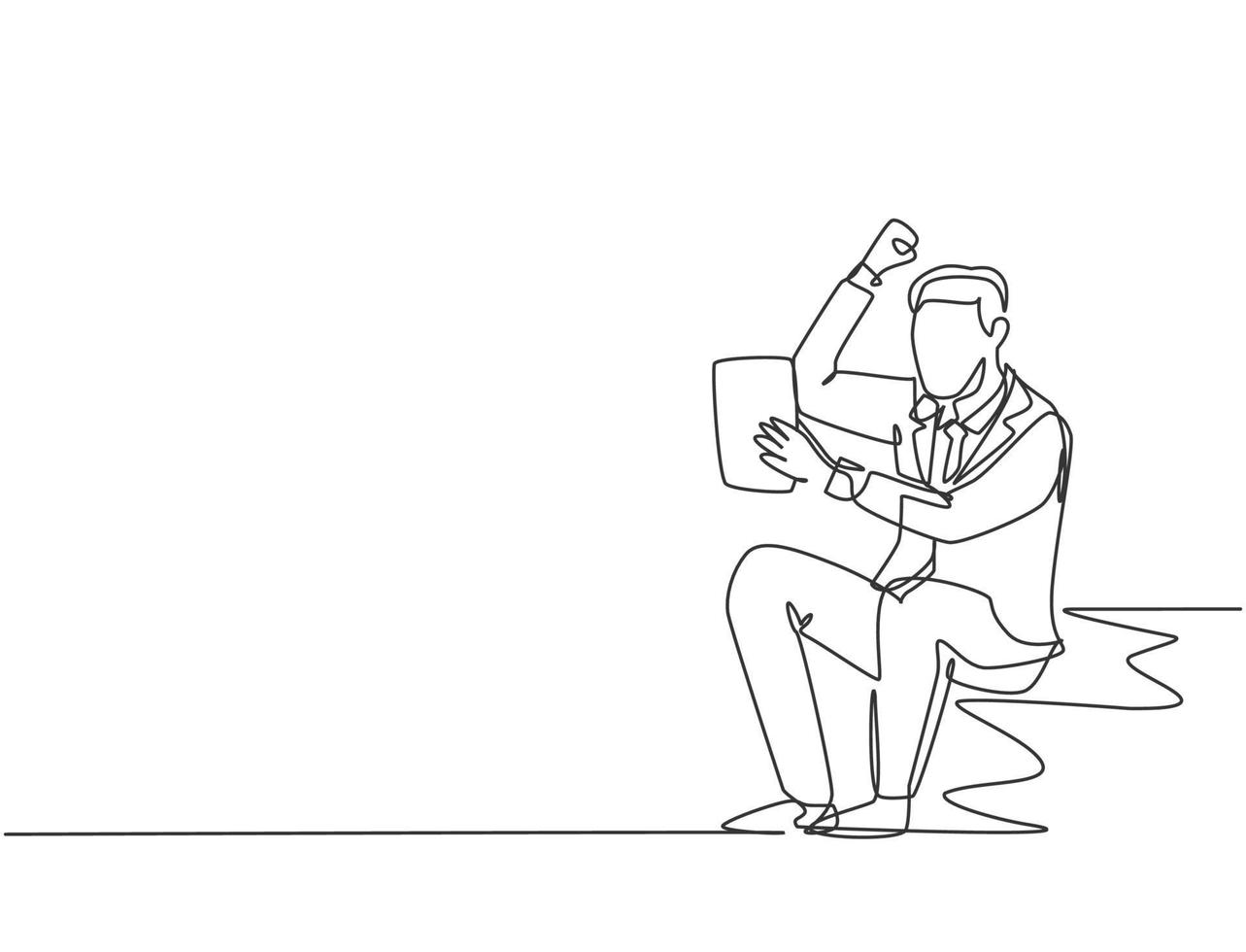 One single line drawing of young happy CEO holding a paper containing business contract agreement. Business deal celebration successful concept. Continuous line draw design graphic vector illustration
