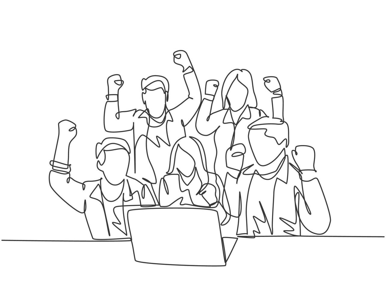 One continuous line drawing of young happy business man and business woman sitting in front of laptop and celebrating their success. Team work goal concept single line draw design vector illustration