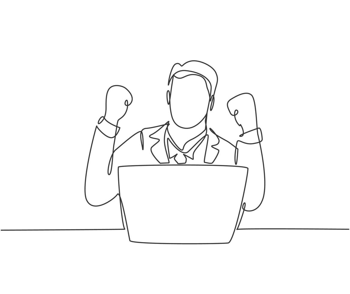 One single line drawing of young happy business man sitting on chair and open laptop to read business contract agreement. Business deal concept continuous line draw graphic design vector illustration