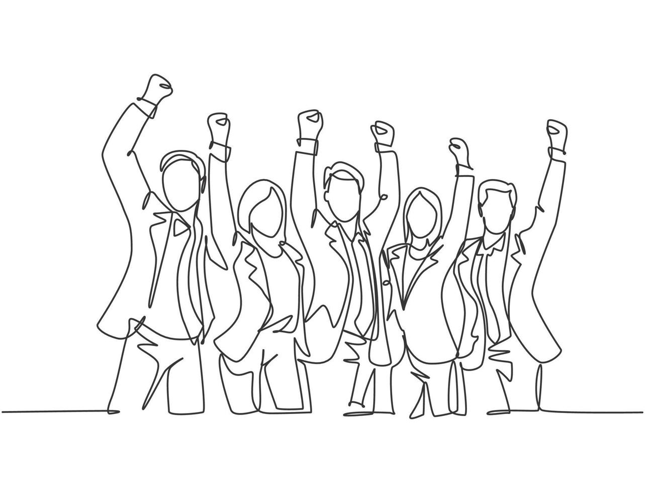 One single line drawing of group of male manager and female manager celebrating their success achieve the business target. Team work goal concept continuous line draw design vector illustration