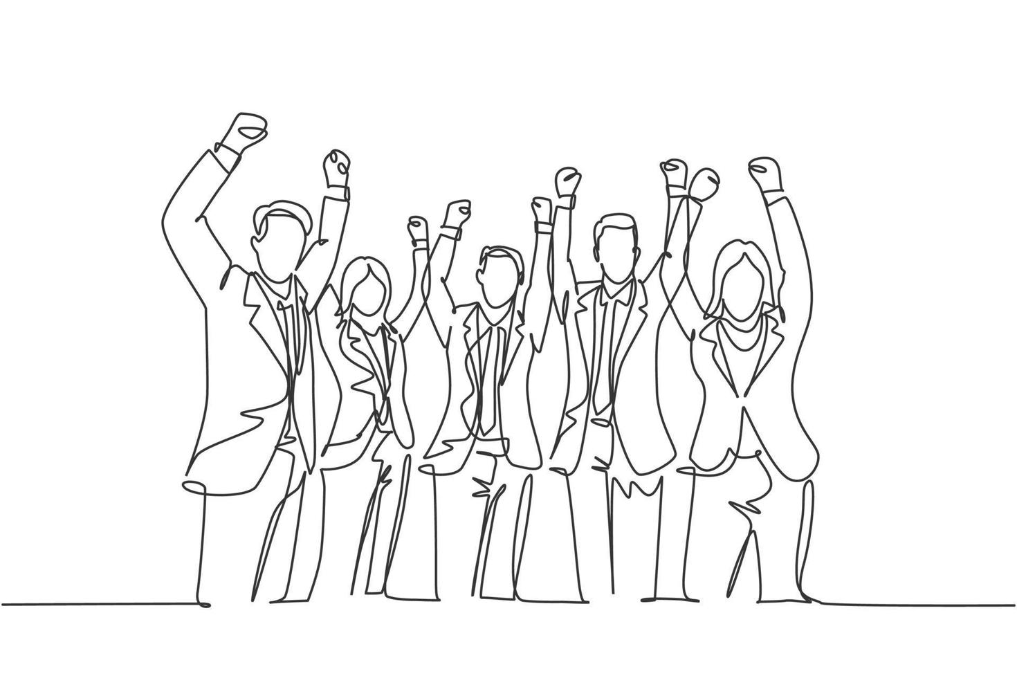 One single line drawing of group of young happy ceo and his colleagues celebrating their success achieving the company business target. Team work goal concept continuous line draw design illustration vector