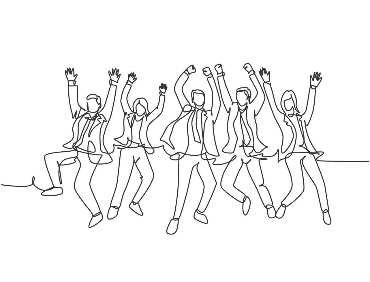 One line drawing of young happy business man and business woman jumping to celebrate their successive team business. Business deal concept continuous line draw graphic design vector illustration