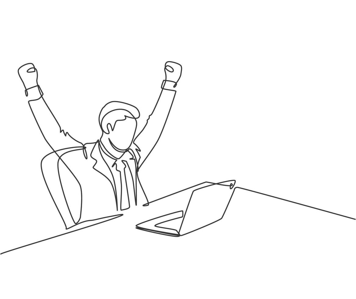 One single line drawing of young happy business man sitting in front of laptop and celebrate his business deal. Business agreement celebration concept continuous line draw design vector illustration