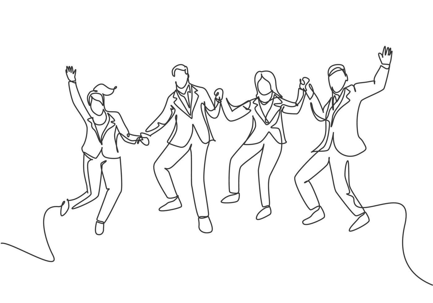 One line drawing of young happy business man and business woman jumping to celebrate their successive team business. Business deal concept continuous line draw graphic design vector illustration