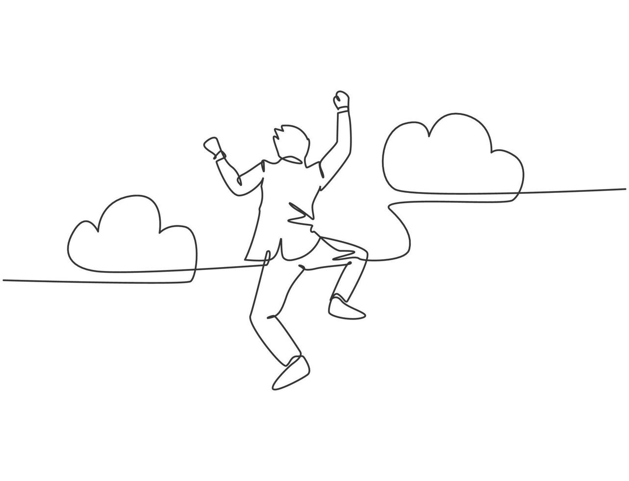 One line drawing of young happy and energetic business man punching a fist into the air and jumping over the cloud. Business success celebration concept continuous line draw design vector illustration