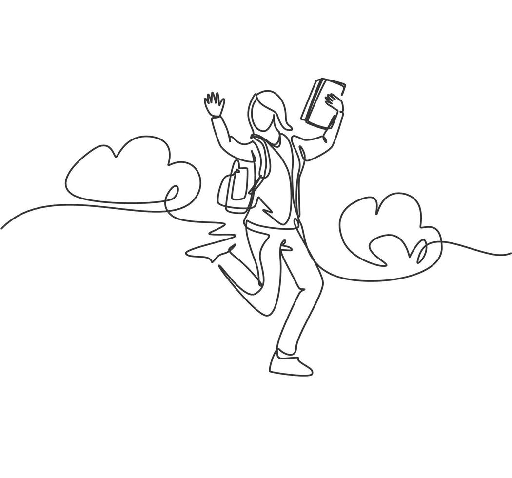One line drawing group of young happy female college student jumping to celebrate her final exam result while hold books. Education concept continuous line draw graphic design vector illustration