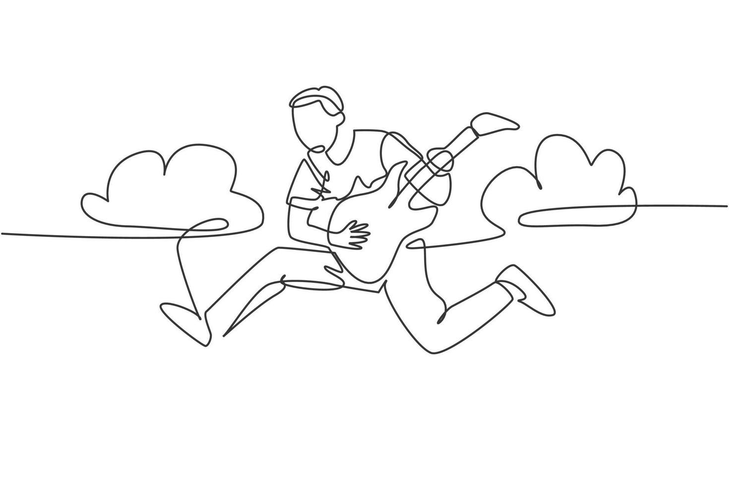 Single line drawing of young energetic guitarist jumping at stage and playing his electric guitar. Energetic musician artist performance concept. Continuous line draw design vector illustration