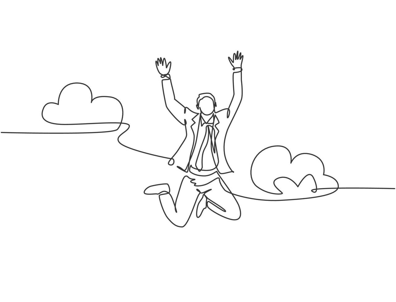 One line drawing of young happy and energetic business man stretch out his hands into the air and jumping over the cloud. Business celebration concept continuous line draw design vector illustration