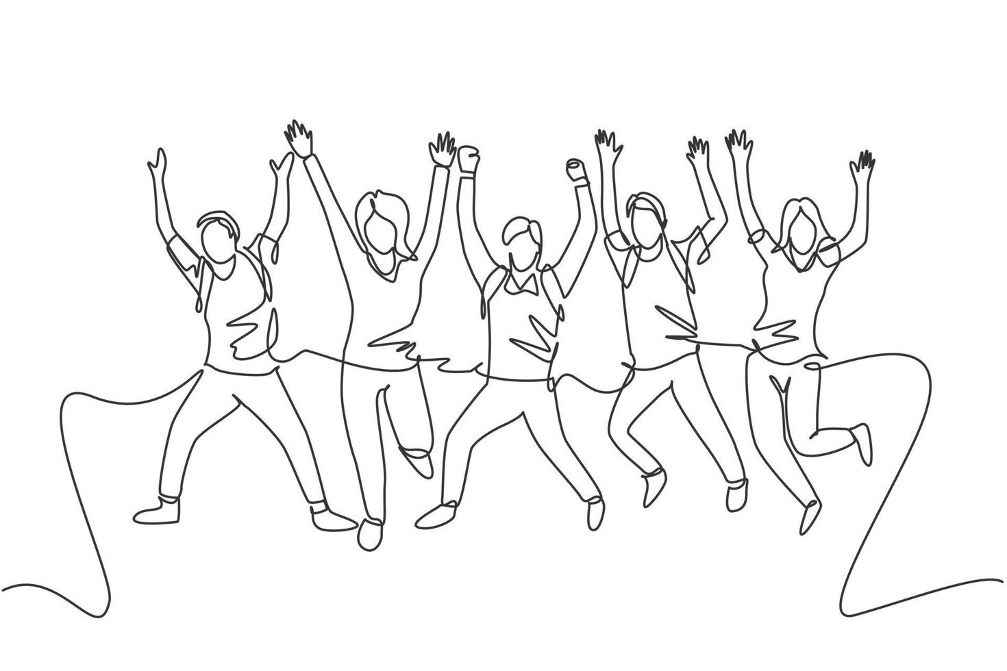 One line drawing group of young happy male and female college student jumping to celebrate their final exam result. Education celebration concept. Continuous line draw design vector illustration