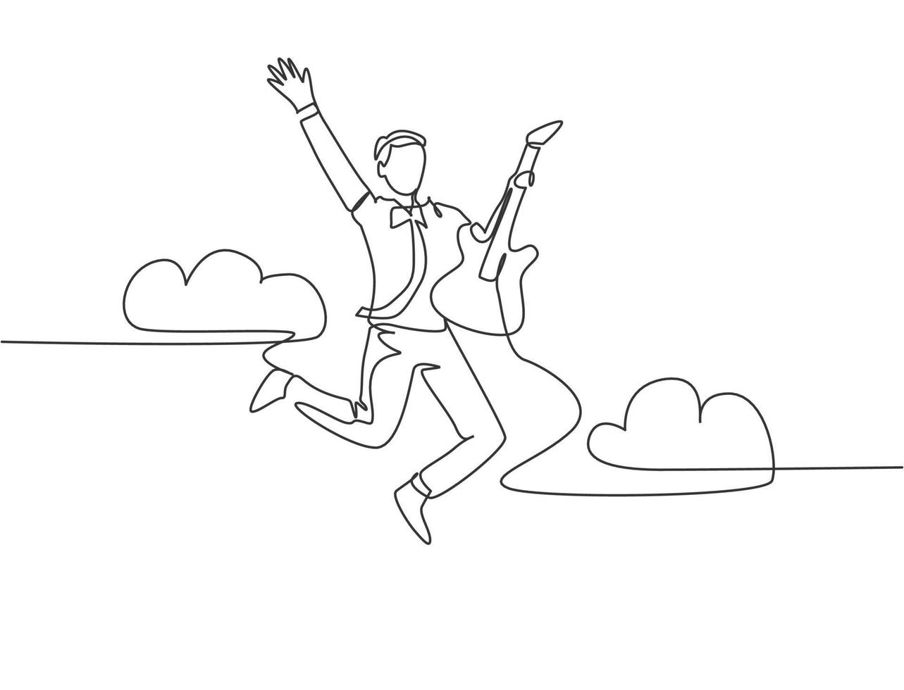 Single line drawing of young energetic guitarist jumping at stage and playing his electric guitar. Energetic musician artist performance concept. Continuous line draw design vector illustration