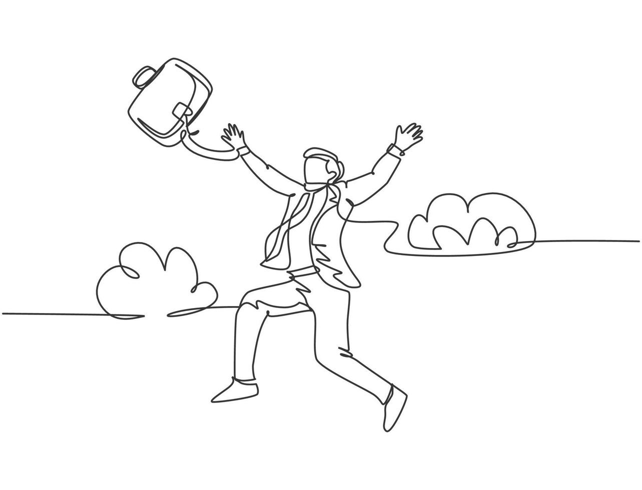 One line drawing of young happy and energetic business man throwing a briefcase jumping over the cloud. Business success celebration concept. continuous line draw design graphic vector illustration