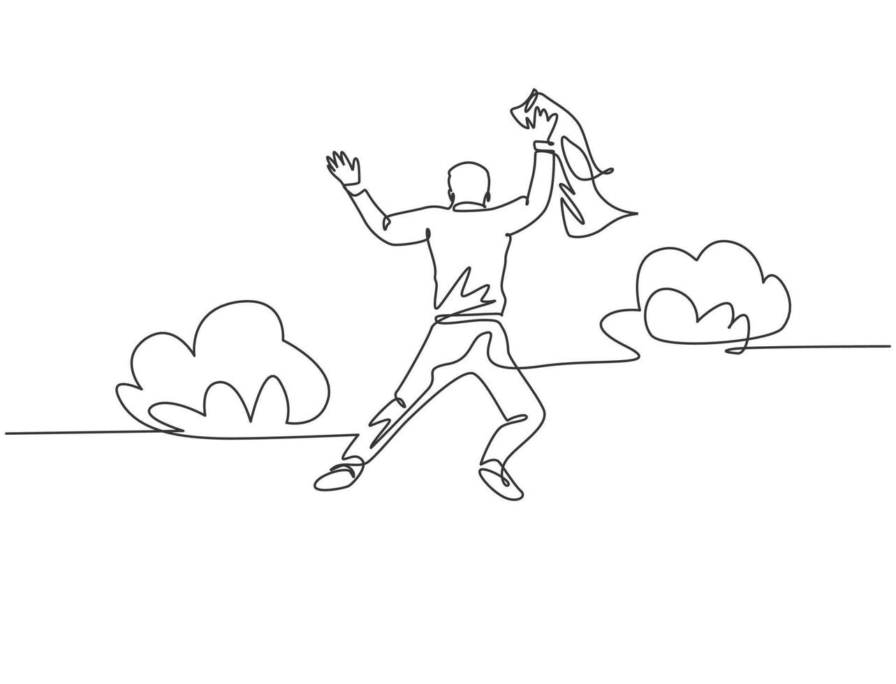 One line drawing of young happy and energetic business man stretch out his hands into the air and jumping over the cloud. Business celebration concept continuous line draw design vector illustration