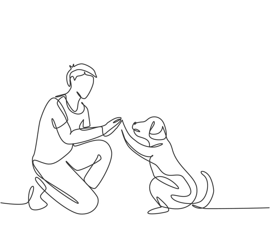 One single line drawing of young happy boy giving high five gesture to his puppy dog at outfield park. Pet care and friendship concept. Continuous line draw graphic design vector illustration